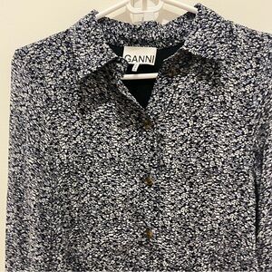 Ganni Black and Blue Floral Long Sleeve Dress midi length gathered EUC